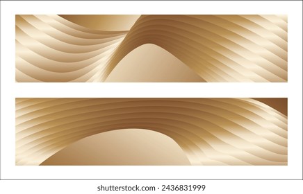 Wavy golden parallel gradient lines, ribbons, silk. Golden with shades of yellow background, banner, poster. Set of 2 backgrounds. Eps vector