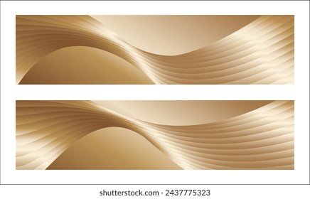 Wavy golden parallel gradient lines, ribbons, silk. Golden with shades of yellow background, banner, poster. Set of 2 backgrounds. Eps vector