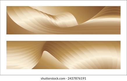 Wavy golden parallel gradient lines, ribbons, silk. Golden with shades of yellow background, banner, poster. Set of 2 backgrounds. Eps vector