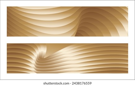 Wavy golden parallel gradient lines, ribbons, silk. Golden with shades of yellow background, banner, poster. Set of 2 backgrounds. Eps vector