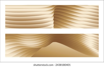 Wavy golden parallel gradient lines, ribbons, silk. Golden with shades of yellow background, banner, poster. Set of 2 backgrounds. Eps vector