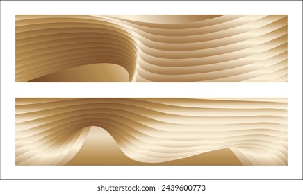 Wavy golden parallel gradient lines, ribbons, silk. Golden with shades of yellow background, banner, poster. Set of 2 backgrounds. Eps vector