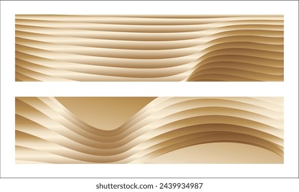 Wavy golden parallel gradient lines, ribbons, silk. Golden with shades of yellow background, banner, poster. Set of 2 backgrounds. Eps vector