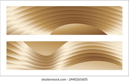 Wavy golden parallel gradient lines, ribbons, silk. Golden with shades of yellow background, banner, poster. Set of 2 backgrounds. Eps vector