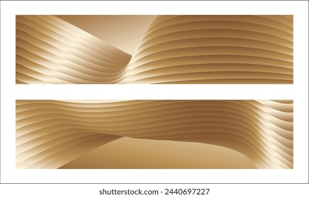 Wavy golden parallel gradient lines, ribbons, silk. Golden with shades of yellow background, banner, poster. Set of 2 backgrounds. Eps vector