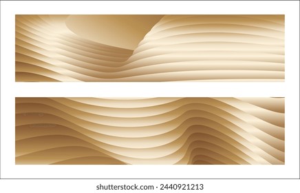Wavy golden parallel gradient lines, ribbons, silk. Golden with shades of yellow background, banner, poster. Set of 2 backgrounds. Eps vector