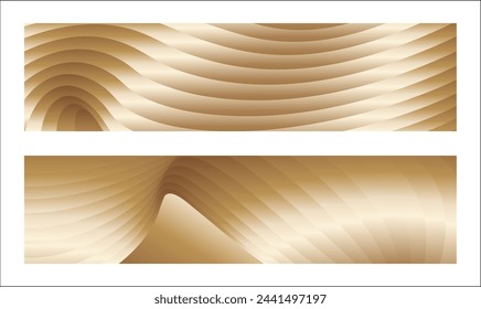 Wavy golden parallel gradient lines, ribbons, silk. Golden with shades of yellow background, banner, poster. Set of 2 backgrounds. Eps vector