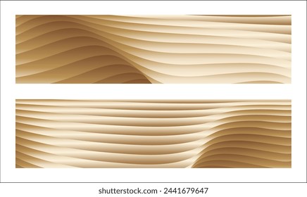 Wavy golden parallel gradient lines, ribbons, silk. Golden banner, poster eps vector. Set of 2 backgrounds