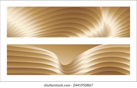 Wavy golden parallel gradient lines, ribbons, silk. Golden banner, poster eps vector. Set of 2 backgrounds