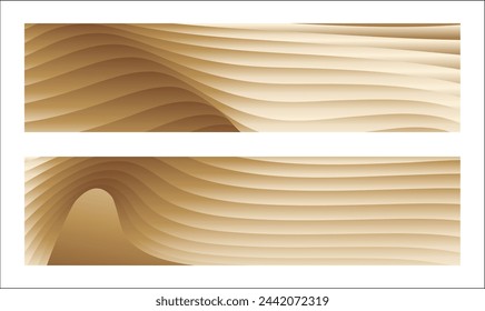 Wavy golden parallel gradient lines, ribbons, silk. Golden with shades of yellow background, banner, poster. Set of 2 backgrounds. Eps vector