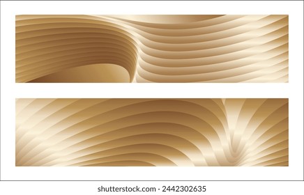 Wavy golden parallel gradient lines, ribbons, silk. Golden with shades of yellow background, banner, poster. Set of 2 backgrounds. Eps vector