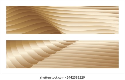 Wavy golden parallel gradient lines, ribbons, silk. Golden with shades of yellow background, banner, poster. Set of 2 backgrounds. Eps vector