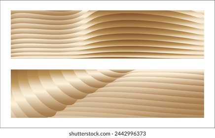Wavy golden parallel gradient lines, ribbons, silk. Golden with shades of yellow background, banner, poster. Set of 2 backgrounds. Eps vector