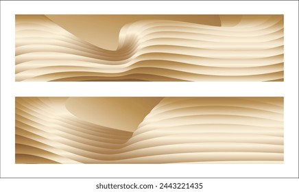 Wavy golden parallel gradient lines, ribbons, silk. Golden with shades of yellow background, banner, poster. Set of 2 backgrounds. Eps vector