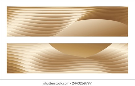 Wavy golden parallel gradient lines, ribbons, silk. Golden with shades of yellow background, banner, poster. Set of 2 backgrounds. Eps vector