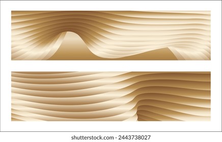 Wavy golden parallel gradient lines, ribbons, silk. Golden with shades of yellow background, banner, poster. Set of 2 backgrounds. Eps vector