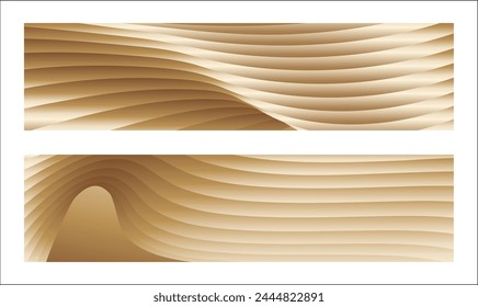 Wavy golden parallel gradient lines, ribbons, silk. Golden with shades of yellow background, banner, poster. Set of 2 backgrounds. Eps vector