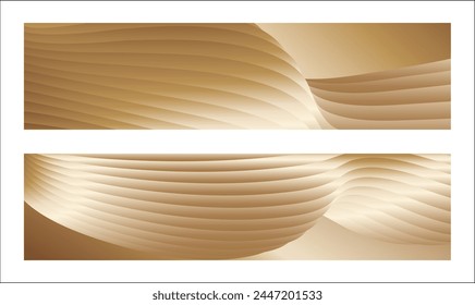 Wavy golden parallel gradient lines, ribbons, silk. Golden with shades of yellow background, banner, poster. Set of 2 backgrounds. Eps vector