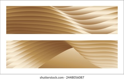 Wavy golden parallel gradient lines, ribbons, silk. Golden with shades of yellow background, banner, poster. Set of 2 backgrounds. Eps vector