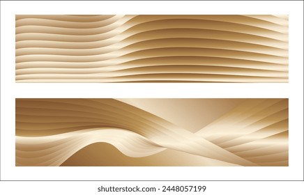Wavy golden parallel gradient lines, ribbons, silk. Golden with shades of yellow background, banner, poster. Set of 2 backgrounds. Eps vector
