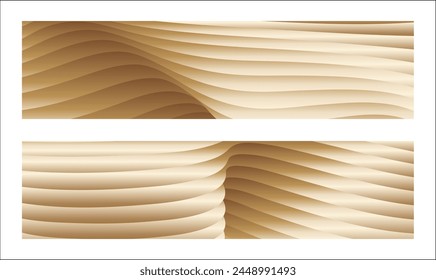 Wavy golden parallel gradient lines, ribbons, silk. Golden with shades of yellow background, banner, poster. Set of 2 backgrounds. Eps vector