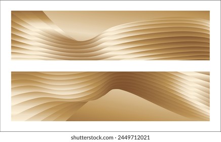 Wavy golden parallel gradient lines, ribbons, silk. Golden with shades of yellow background, banner, poster. Set of 2 backgrounds. Eps vector