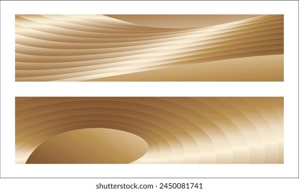 Wavy golden parallel gradient lines, ribbons, silk. Golden with shades of yellow background, banner, poster. Set of 2 backgrounds. Eps vector