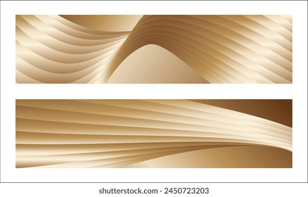 Wavy golden parallel gradient lines, ribbons, silk. Golden with shades of yellow background, banner, poster. Set of 2 backgrounds. Eps vector