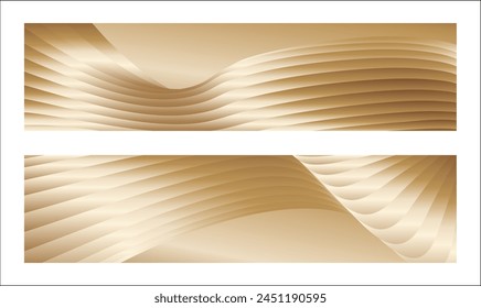 Wavy golden parallel gradient lines, ribbons, silk. Golden banner, poster eps vector. Set of 2 backgrounds
