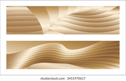 Wavy golden parallel gradient lines, ribbons, silk. Golden with shades of yellow background, banner, poster. Set of 2 backgrounds. Eps vector