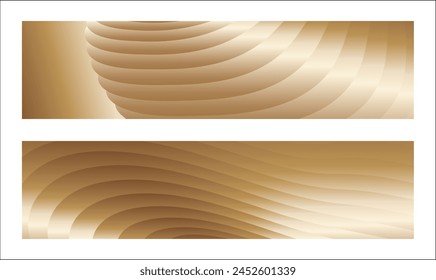 Wavy golden parallel gradient lines, ribbons, silk. Golden with shades of yellow background, banner, poster. Set of 2 backgrounds. Eps vector