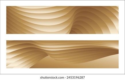 Wavy golden parallel gradient lines, ribbons, silk. Golden with shades of yellow background, banner, poster. Set of 2 backgrounds. Eps vector