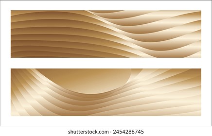 Wavy golden parallel gradient lines, ribbons, silk. Golden with shades of yellow background, banner, poster. Set of 2 backgrounds. Eps vector