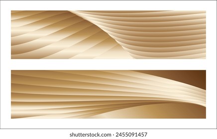 Wavy golden parallel gradient lines, ribbons, silk. Golden with shades of yellow background, banner, poster. Set of 2 backgrounds. Eps vector