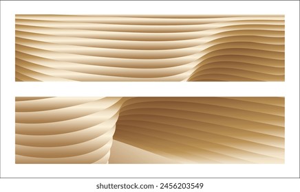 Wavy golden parallel gradient lines, ribbons, silk. Golden with shades of yellow background, banner, poster. Set of 2 backgrounds. Eps vector