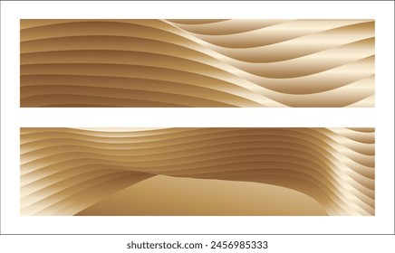 Wavy golden parallel gradient lines, ribbons, silk. Golden with shades of yellow background, banner, poster. Set of 2 backgrounds. Eps vector