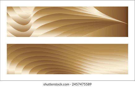 Wavy golden parallel gradient lines, ribbons, silk. Golden with shades of yellow background, banner, poster. Set of 2 backgrounds. Eps vector