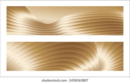 Wavy golden parallel gradient lines, ribbons, silk. Golden with shades of yellow background, banner, poster. Set of 2 backgrounds. Eps vector