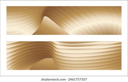 Wavy golden parallel gradient lines, ribbons, silk. Golden with shades of yellow background, banner, poster. Set of 2 backgrounds. Eps vector