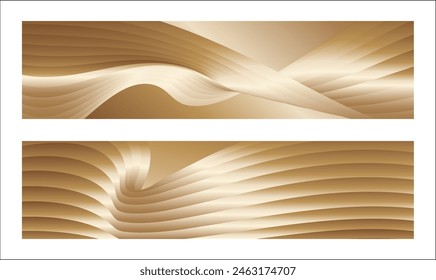 Wavy golden parallel gradient lines, ribbons, silk. Golden with shades of yellow background, banner, poster. Set of 2 backgrounds. Eps vector