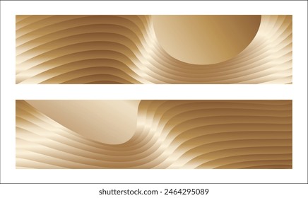 Wavy golden parallel gradient lines, ribbons, silk. Golden with shades of yellow background, banner, poster. Set of 2 backgrounds. Eps vector