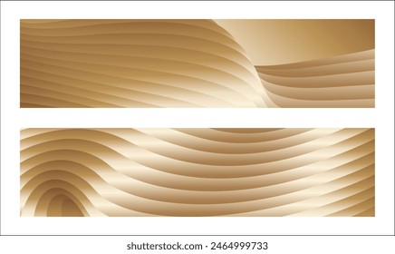 Wavy golden parallel gradient lines, ribbons, silk. Golden with shades of yellow background, banner, poster. Set of 2 backgrounds. Eps vector