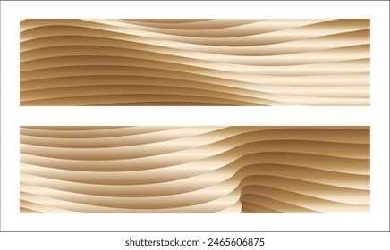 Wavy golden parallel gradient lines, ribbons, silk. Golden with shades of yellow background, banner, poster. Set of 2 backgrounds. Eps vector