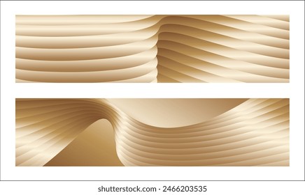Wavy golden parallel gradient lines, ribbons, silk. Golden with shades of yellow background, banner, poster. Set of 2 backgrounds. Eps vector