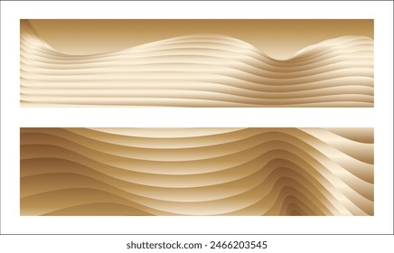 Wavy golden parallel gradient lines, ribbons, silk. Golden with shades of yellow background, banner, poster. Set of 2 backgrounds. Eps vector