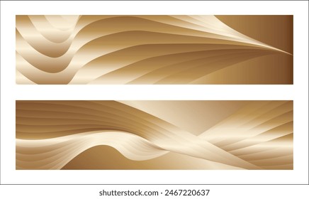 Wavy golden parallel gradient lines, ribbons, silk. Golden with shades of yellow background, banner, poster. Set of 2 backgrounds. Eps vector