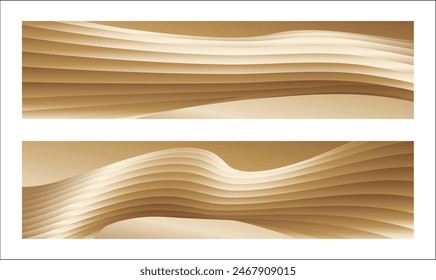 Wavy golden parallel gradient lines, ribbons, silk. Golden with shades of yellow background, banner, poster. Set of 2 backgrounds. Eps vector