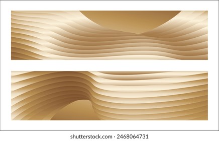 Wavy golden parallel gradient lines, ribbons, silk. Golden with shades of yellow background, banner, poster. Set of 2 backgrounds. Eps vector