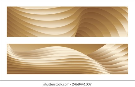 Wavy golden parallel gradient lines, ribbons, silk. Golden with shades of yellow background, banner, poster. Set of 2 backgrounds. Eps vector