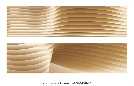 Wavy golden parallel gradient lines, ribbons, silk. Golden with shades of yellow background, banner, poster. Set of 2 backgrounds. Eps vector